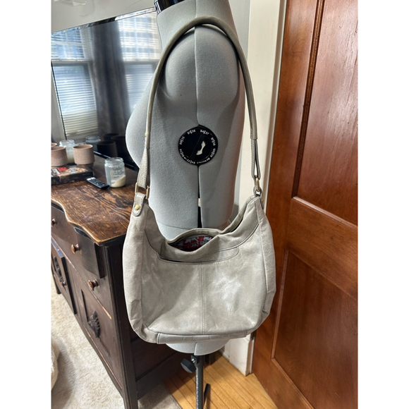 Hobo International Genuine Leather Shoulder Bag - Soft Gray | Floral Lining - Picture 2 of 10